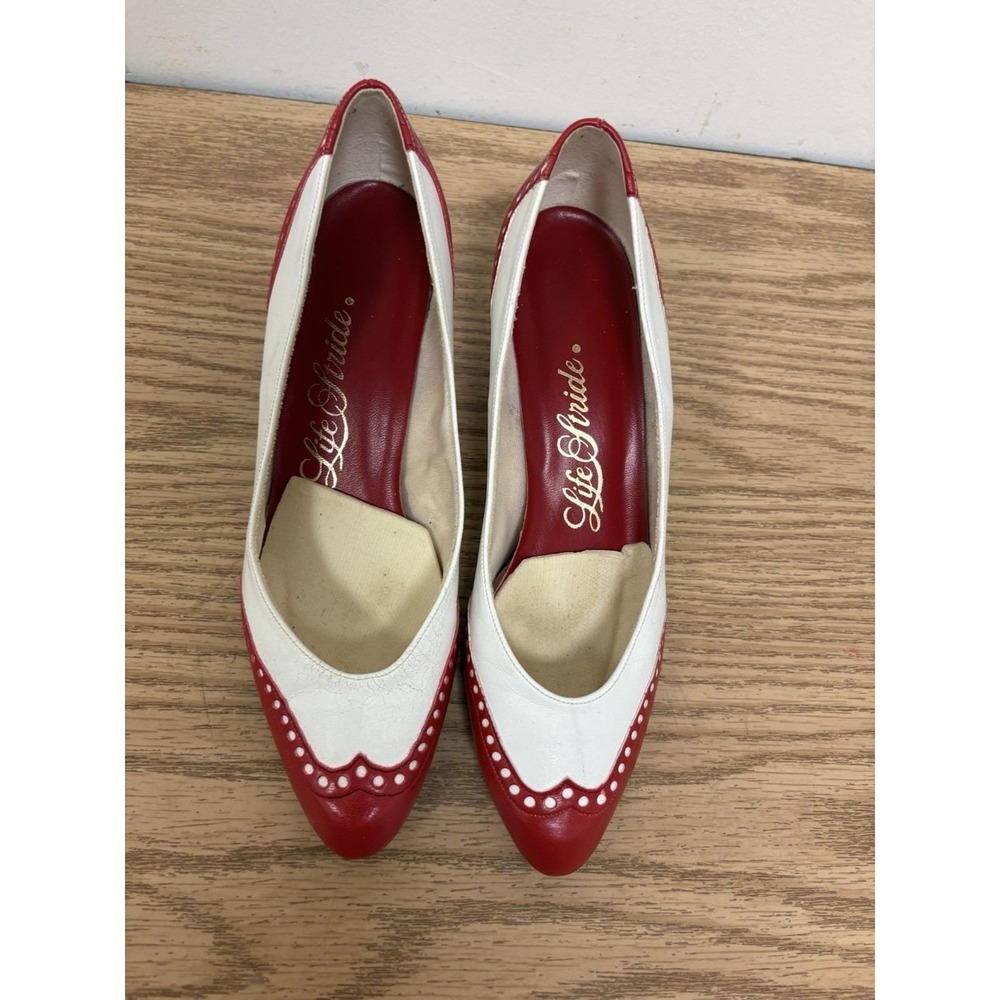Vintage Life Stride Red And White Kitten Heel Pointed Toe Pumps SZ 6.5